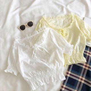 Plain Perforated Crewneck Lace-up Short-sleeve Blouse