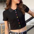 Short-sleeve Crop Button-up Top Black - One Size