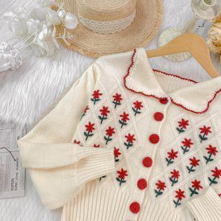 Collared Floral Embroidered Cardigan