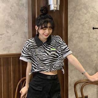Short-sleeve Zebra Print Crop Polo Shirt As Shown In Figure - One Size