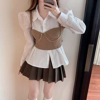 Set: Puff-sleeve Shirt + Chained Camisole Top