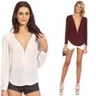Long-sleeve V-neck Zip-accent Blouse