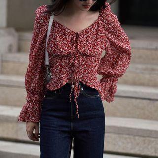 Bell Sleeve Floral Print Drawstring Blouse