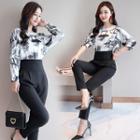 Long-sleeve Printed Panel Jumpsuit