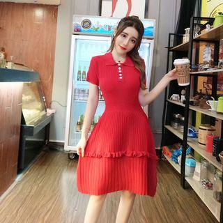 Knitted Short-sleeve A-line Polo Dress