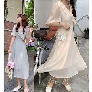 Short-sleeve Ruffled A-line Midi Dress