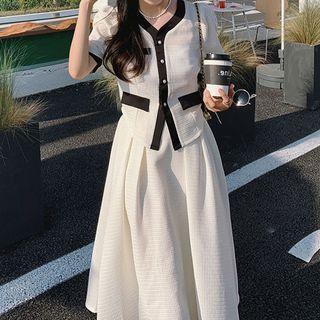 Set: Short-sleeve Two-tone Top + Midi A-line Skirt