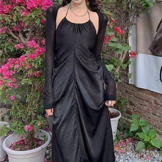 Halter-neck Midi A-line Dress / Long-sleeve Shrug