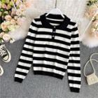 Round-neck Striped Long-sleeve Knitted Top Stripes - Black & White - One Size