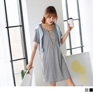 Mock Two Piece Short Sleeve Striped Panel Dress
