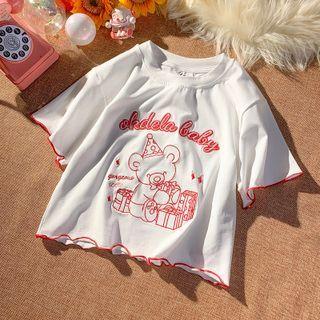 Short Sleeve Contrast-trim Embroidered Bear Cropped T-shirt