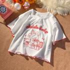 Short Sleeve Contrast-trim Embroidered Bear Cropped T-shirt