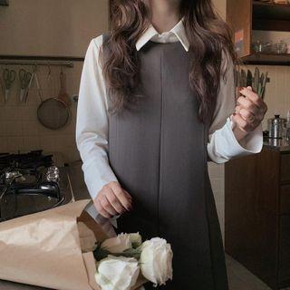 Plain Collared Shirt + Sleeveless Dress