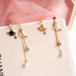Planet Moon & Star Asymmetrical Faux Pearl Dangle Earring