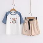 Short-sleeve Cartoon Print Raglan T-shirt / Buckled Shorts / Set