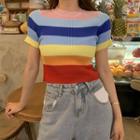 Short-sleeve Rainbow Block Knit Top As Shown In Figure - One Size