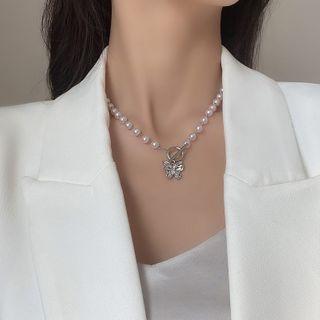 Butterfly Pendant Bead Necklace White - One Size
