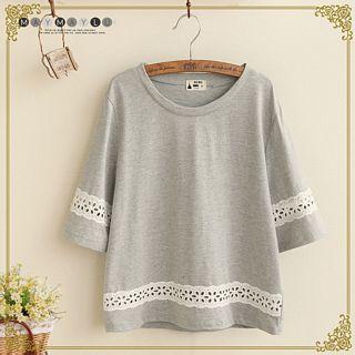 Elbow-sleeve Lace Trim T-shirt