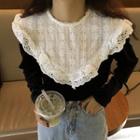 Color-block Crewneck Lace Lettuce Edge Panel Velvet Loose-fit Long-sleeve Blouse Black - One Size