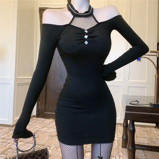 Long-sleeve Halter-neck Mesh Panel Mini Dress