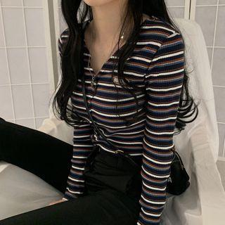 Striped V-neck Button Long-sleeve T-shirt