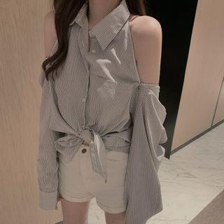 Long-sleeve Cutaway-shoulder Shirt As Shown In Figure - One Size