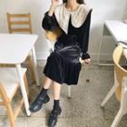 Contrast-collar Frill-hem Midi Velvet Dress Black - One Size
