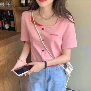 Mock Two-piece Square-neck Short-sleeve Cropped Top