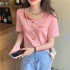 Mock Two-piece Square-neck Short-sleeve Cropped Top