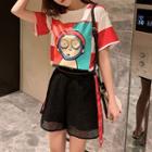 Set: Cartoon Print Short-sleeve T-shirt + Mesh Shorts
