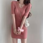 Short-sleeve Ribbed Knit Mini Sheath Dress