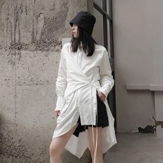 Long-sleeve Plain Irregular Tie-strap Shirtdress