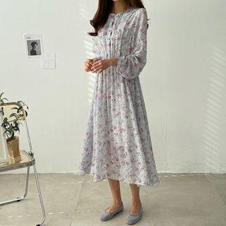 Pintuck-front Floral Flared Long Dress