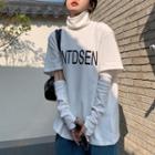 Set: Elbow-sleeve Turtleneck Lettering T-shirt + Arm Sleeves