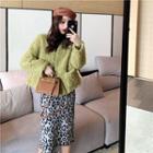 Faux-shearling Button Jacket / Turtleneck Long-sleeve Top / Leopard Straight-fit Skirt