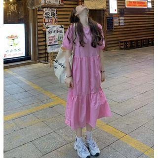Puff-sleeve Tiered Midi A-line Dress Pink - One Size
