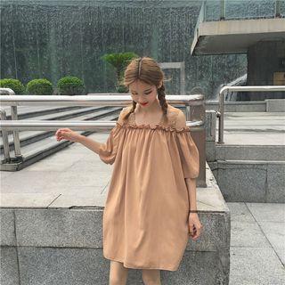 Elbow-sleeve Cutout-shoulder Shirred Dress