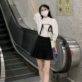 Short-sleeve Cutout Bow-accent Blouse / Pleated Mini A-line Skirt