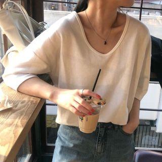Plain Elbow-sleeve T-shirt White - One Size