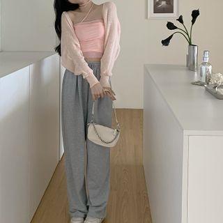 Strappy Mesh Panel Cropped Halter Top / Cardigan / Drawstring Wide Leg Pants