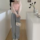 Strappy Mesh Panel Cropped Halter Top / Cardigan / Drawstring Wide Leg Pants