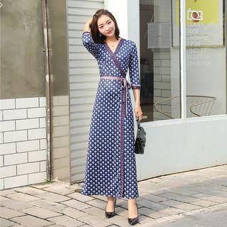 Tie Waist 3/4-sleeve Maxi A-line Dress