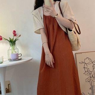 Spaghetti Strap Shirred Midi Dress / Short-sleeve Crop Jacket