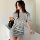 Short-sleeve Ruched Side-slit Mini Bodycon Dress