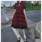Short-sleeve Plaid Cut-out Ruffled Trim Dress As Shown In Figure - One Size