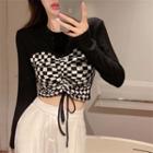 Long-sleeve Check Panel Crop Top Black & White - One Size