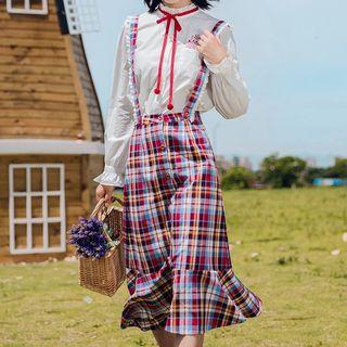 Cat Embroidered Shirt / Suspender Check Skirt