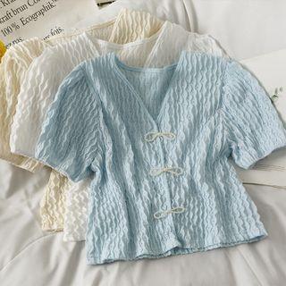 Embossed Rhinestone-ribbon V-neck Top