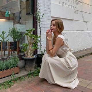 V-neck Linen Blend Long Pinafore Dress With Sash