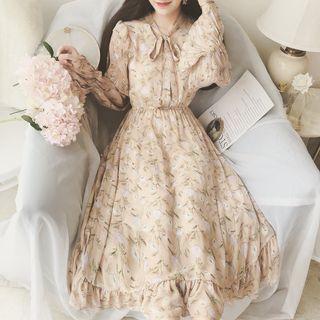 Floral Long-sleeve Tie-neck Midi A-line Dress